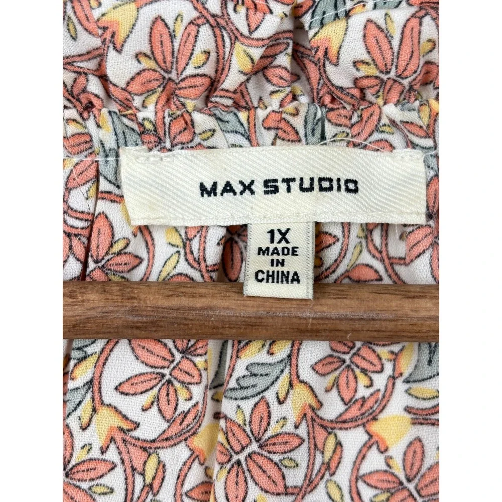 Max Studio Floral Blouse Womens 1X Ruffle Neck Peasant Top Boho Cottagecore - Picture 4 of 7